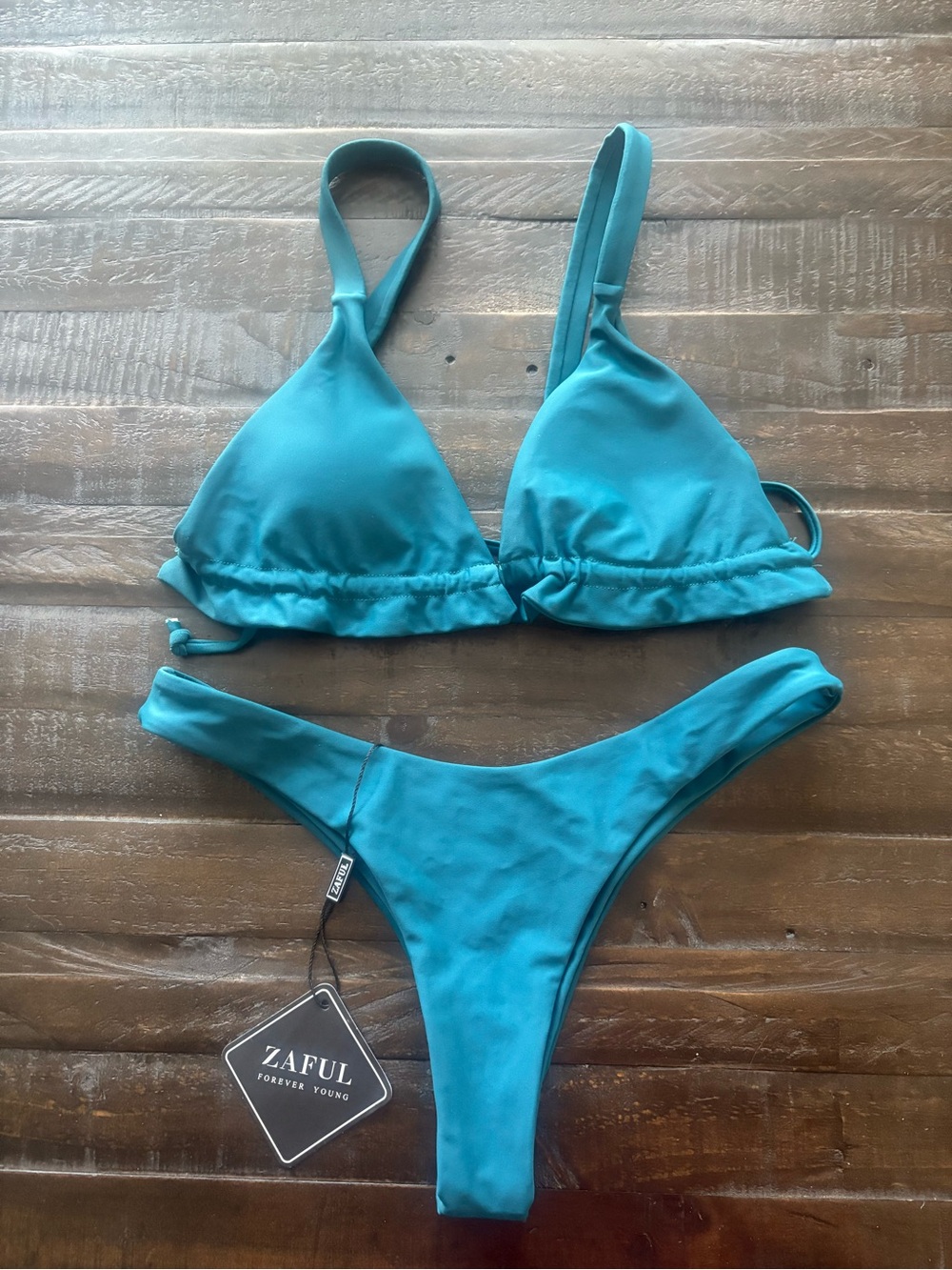 Zaful Bikini Set Women’s Small Teal Triangle Top High Cut Bottom NWOT Beach
